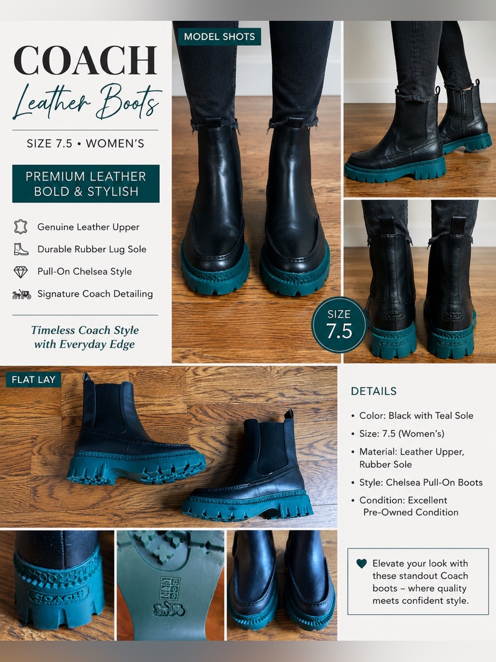 Coach Leather Chelsea Lug Sole Boots Black Green Women’s Size 7.5 NWOT